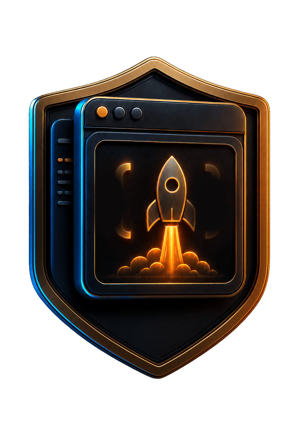 3D application engineering shield with a glowing code window and rocket