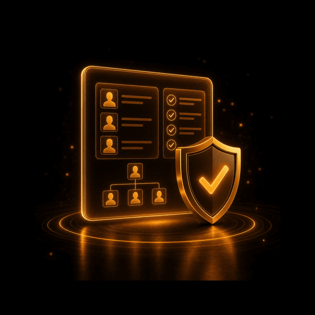 Logical access governance visual with identity profiles, access checklist, and security shield