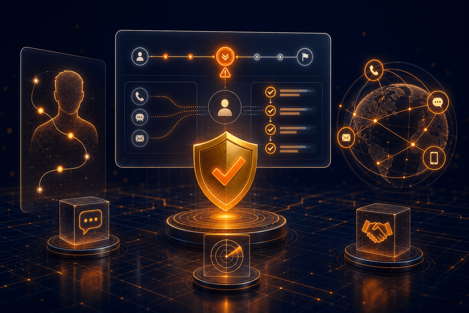 Customer re-engagement governance visual with journey recovery, omni-channel outreach, and compliance shield