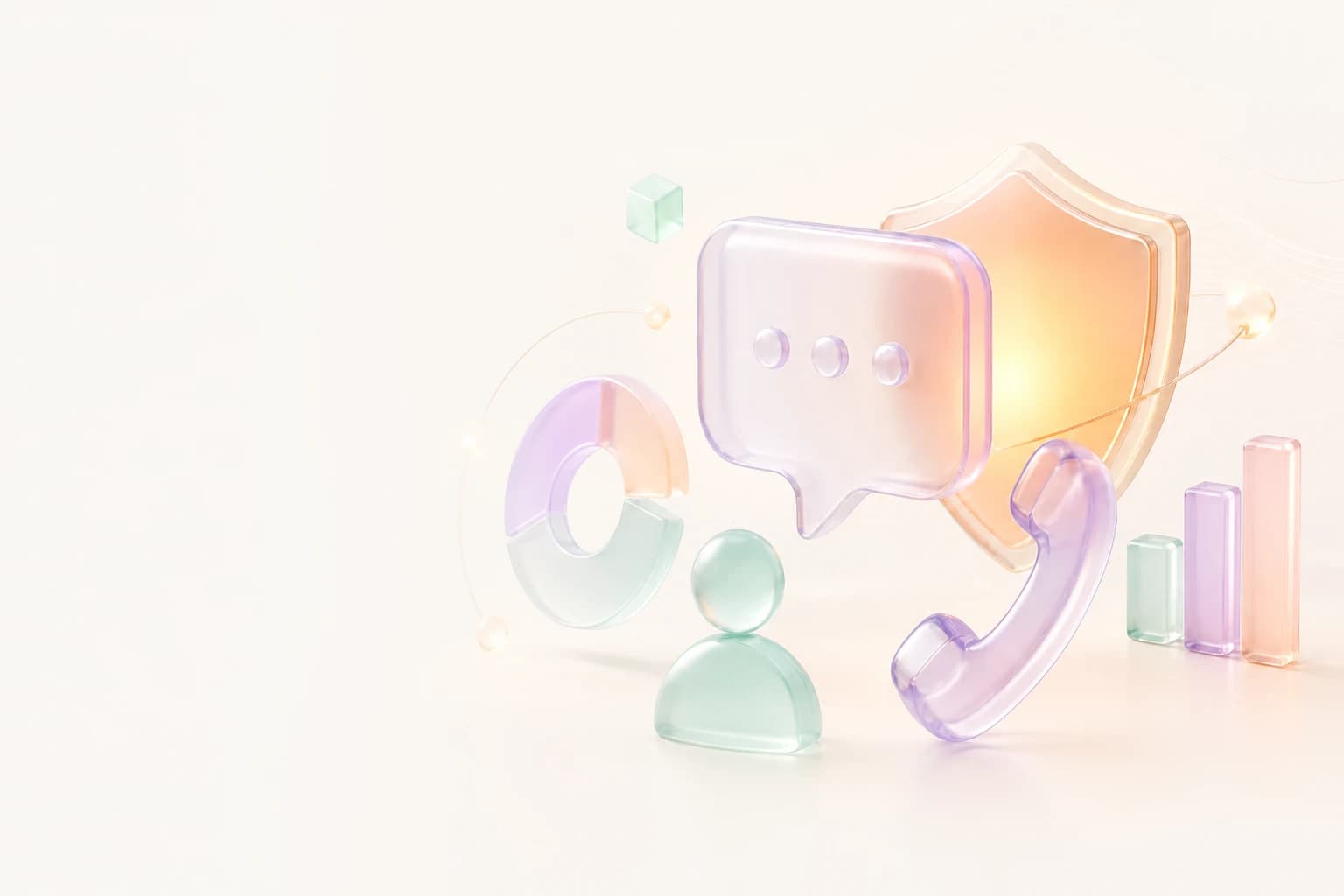 Abstract glassmorphic customer engagement illustration with chat, voice, analytics, and security motifs