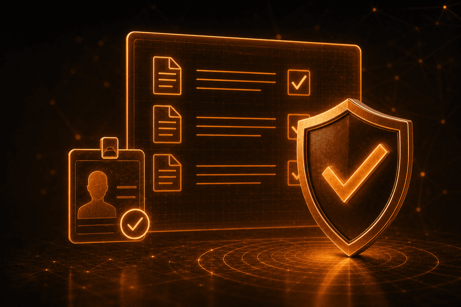 KYC document verification visual with identity badge, document checklist, and compliance shield