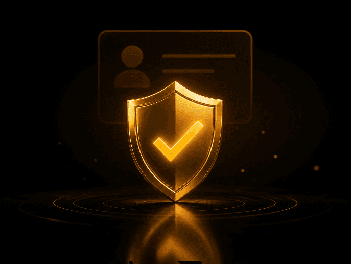 KYC customer verification governance shield with identity document and verified checkmark